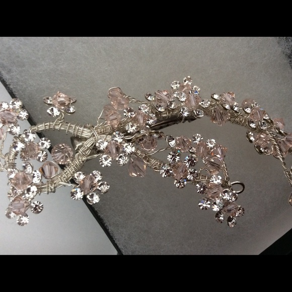 Bridal Hair Clip Silver Rhinestones Crystals Champagne Pink - Picture 3 of 9